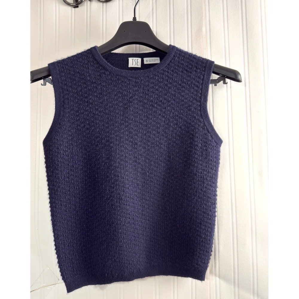 TSE Navy Blue 100% Cashmere Textured Knit Sweater Vest Womens Small Sleeveless
